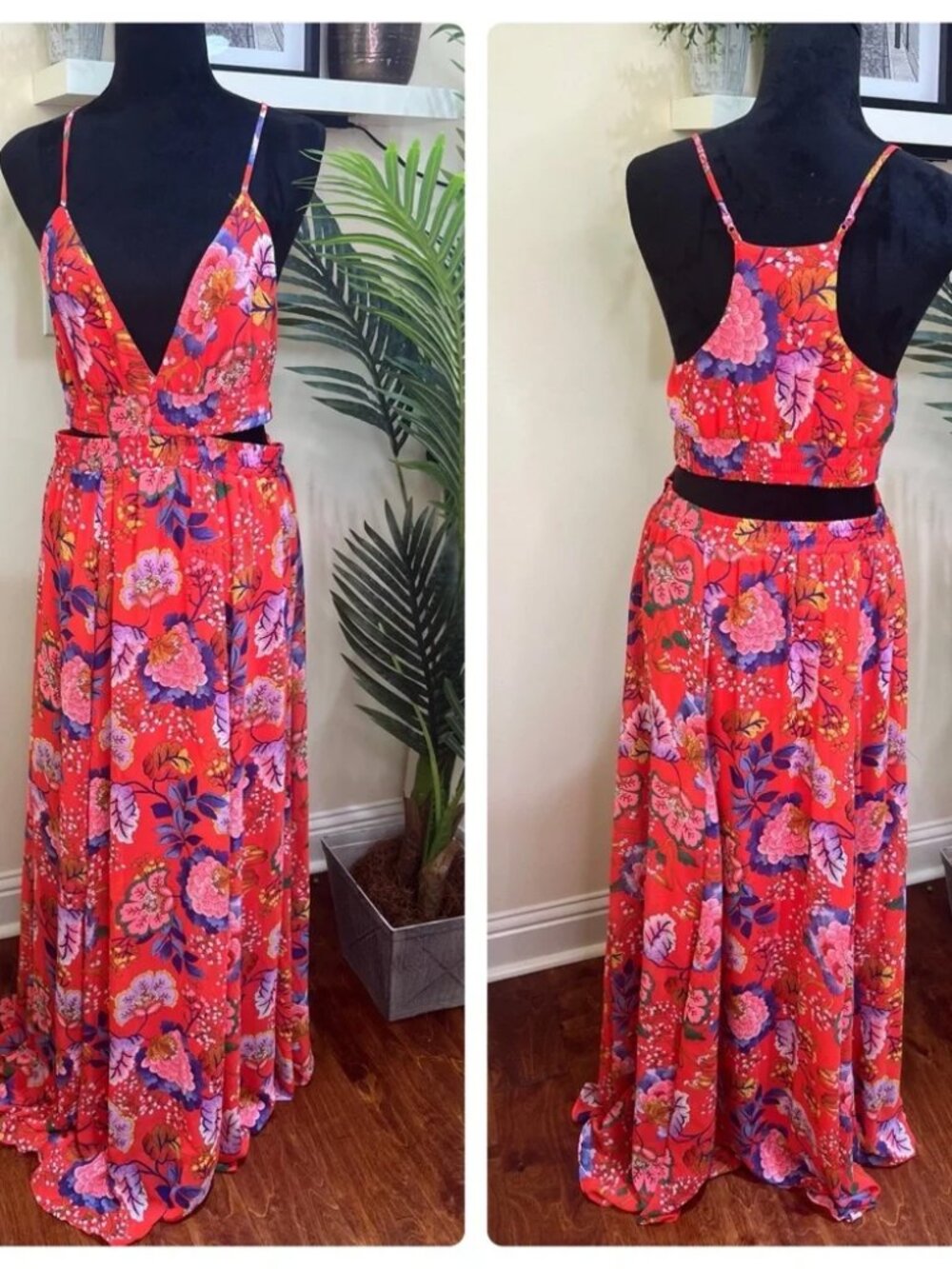 EXPRESS Floral Spaghetti Strap Racer Back Red Maxi Dress w/ Waist Cutout Medium
